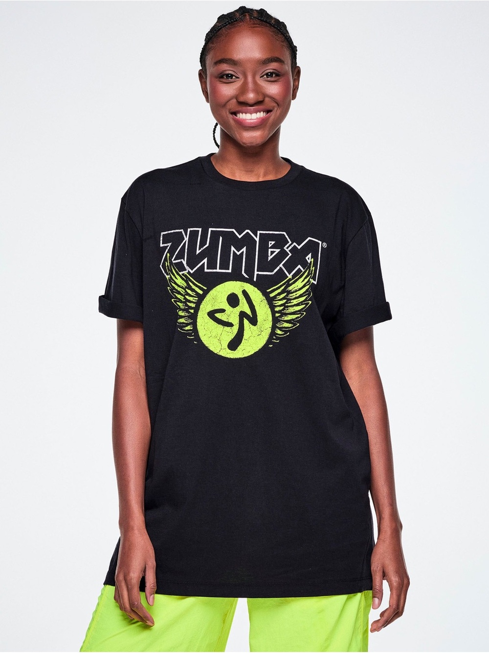 Zumba Fitness Black Tee with Neon Lime Graphic Wings